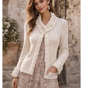 Anthropologie Moth Wool Cardigan Ivory Applique' Size S OfficeCore Boho Unique